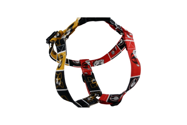 Pu&ograve; includere: Un'imbracatura per cani con un motivo nero, rosso e oro. L'imbracatura presenta un motivo ripetuto di un logo bulldog e le lettere "G" e "A". L'imbracatura ha cinghie regolabili e una fibbia in plastica nera.