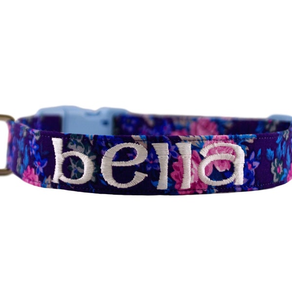 Deep Purple Floral Collar, Flower Collar, Floral Collar, Purple Custom Dog Collar, Personalized Dog Collar, Embroidered Collar, Girly Dog
