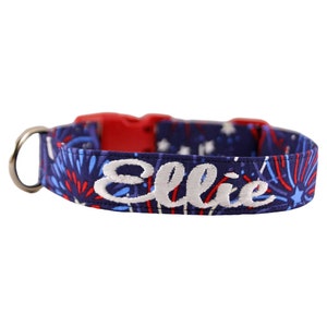 Blue Fireworks Collar, Dog Collar, Personalized Collar, Embroidered Dog Collar, Independence Day Dog Collar, July 4th Collar, America Collar