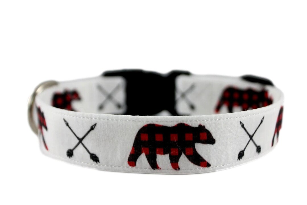 Buffalo Plaid Bear Collar, Bear Dog Collar, Personalized Collar, Rustic Collar, Custom Dog