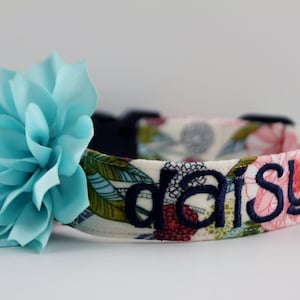 Peonies & Poms Collar w/ Flower, Flower Dog Collar, Floral Collar, Custom Dog Collar, Personalized Dog Collar, Embroidered Collar, Girly Dog