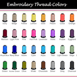 May include: A chart displaying 36 different embroidery thread colours, with the name of each colour listed below the corresponding spool of thread.