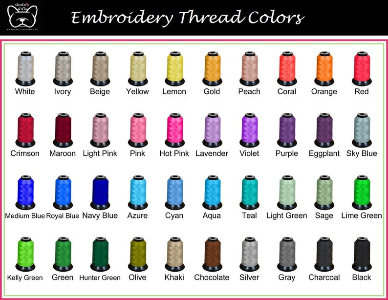 May include: A chart displaying 36 different embroidery thread colours, with the name of each colour listed below the corresponding spool of thread.