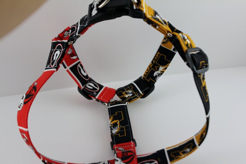 Pu&ograve; includere: Un'imbracatura per cani con un motivo nero, rosso e oro. L'imbracatura presenta un motivo ripetuto di loghi e testo. L'imbracatura ha fibbie in plastica nera e cinghie regolabili. L'imbracatura &egrave; progettata per un cane di taglia piccola o media.