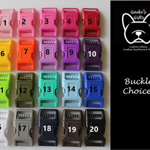 May include: Twenty different colours of plastic buckle choices for dog collars, leashes, and keychains. The buckles are numbered 1 through 20.