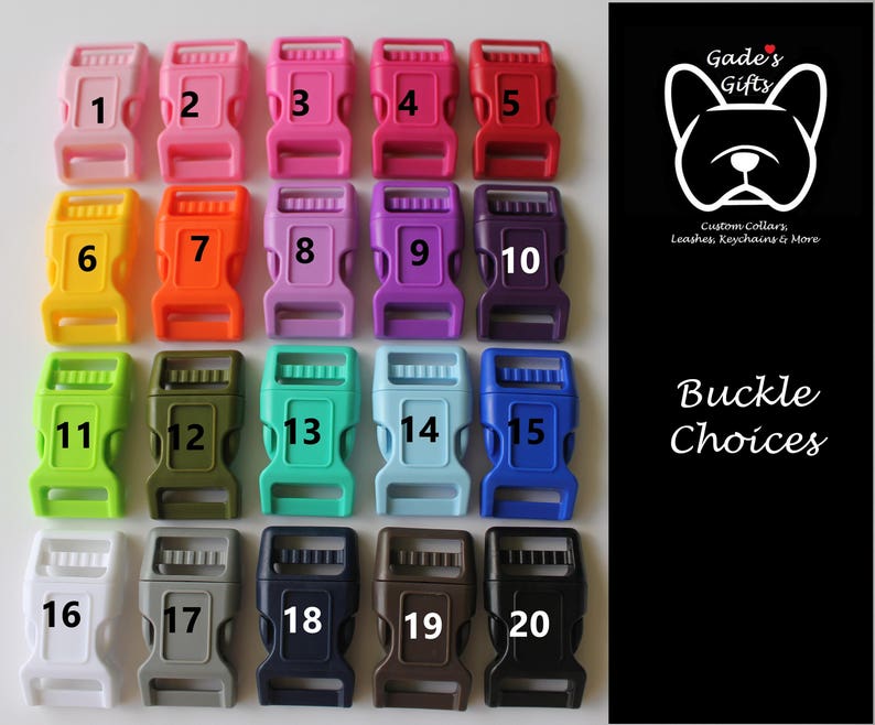 May include: Twenty different colours of plastic buckle choices for dog collars, leashes, and keychains. The buckles are numbered 1 through 20.