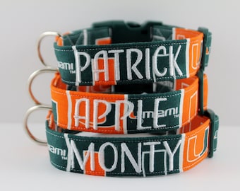 Università di Miami, Collare per cani Hurricanes, UM, Collare verde e arancione, Collare per cani ricamato, Collare personalizzato, Collare per cani personalizzato, Animale domestico
