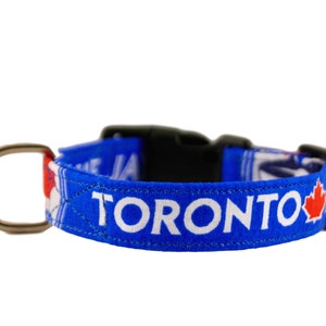 Op de afbeelding: Blauwe hondenriem met witte tekst "TORONTO" en een rood esdoornblad. De riem heeft een zilveren D-ring en een zwarte plastic gesp.