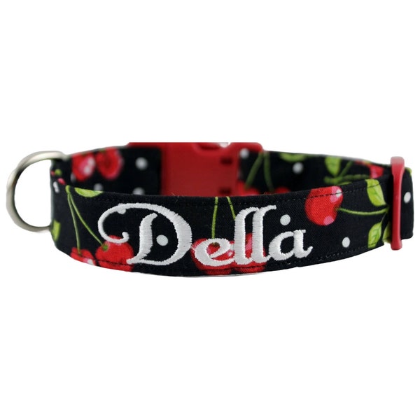 Cherry Collar, Fruit Dog Collar, Black and Red Collar, Summer Girly Collar, Custom Embroidered Dog Collar, Personalized Dog Collar, Whimsy