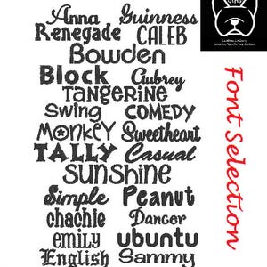 May include: A white background displays a selection of fonts in black, including "Anna," "Guinness," and "Tangerine." The words are in various styles, from cursive to bold. The text "Font Selection" is in red on the right side, with a logo in the top right corner.