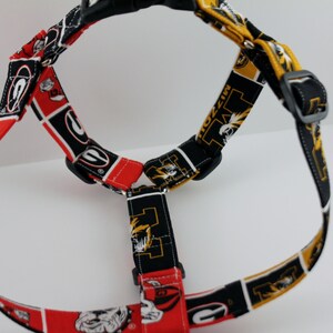 Pu&ograve; includere: Un'imbracatura per cani con un motivo rosso, nero e bianco con il logo dei Bulldogs dell'Universit&agrave; della Georgia e un motivo nero, oro e bianco con il logo dei Tigers del Missouri. Ha fibbie in plastica nera regolabili e un manico nero.