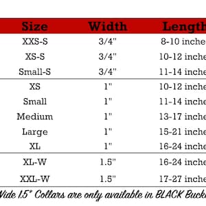 May include: A chart showing collar sizes and widths for dog collars. The chart includes measurements in inches for both width and length. The chart is divided into three categories: wide, standard, and skinny. The chart also notes that wide 1.5" collars are only available in black buckle.