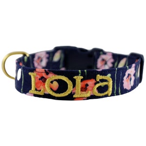 Navy & Coral Floral Collar, Flower Dog Collar, Floral Collar, Custom Dog Collar, Personalized Dog Collar, Embroidered Collar, Girly Collar