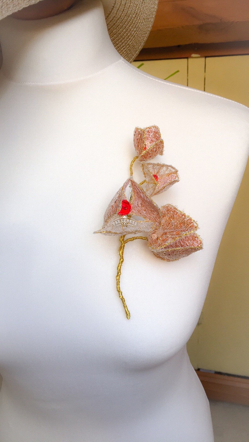 Golden flower brooch Handembroidery brooch Flower pin for jacket Brooch for auntie birthday Pin for scarf Present for nanny