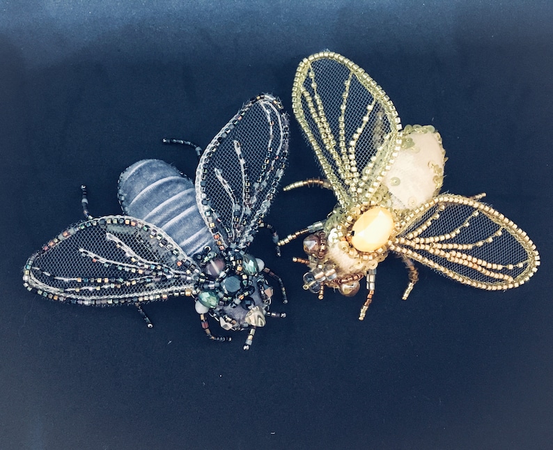Flys embroidery brooches Insect brooch Goldwork handembroidery brooch Brooches for sister Couple brooches Christmas sisters present