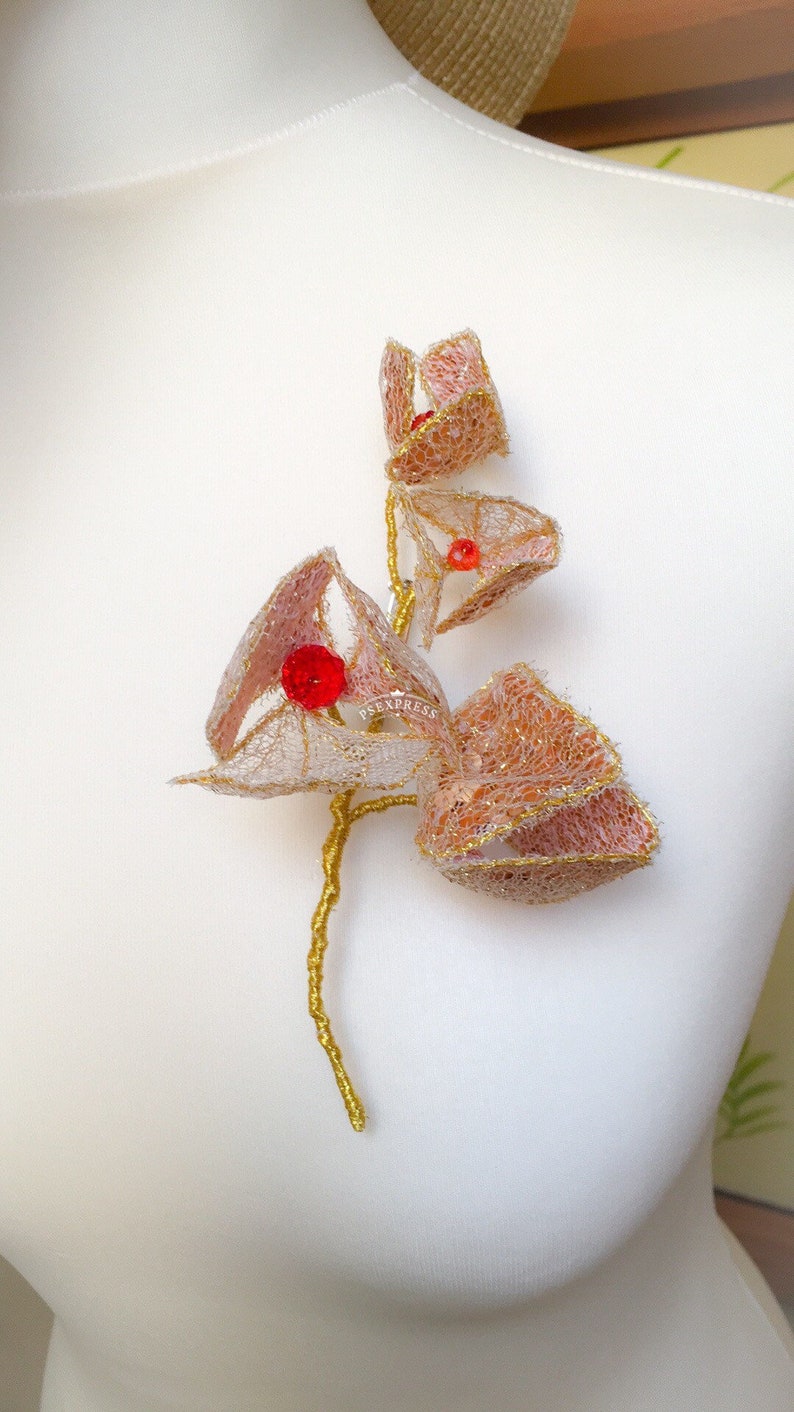 Golden flower brooch Handembroidery brooch Flower pin for jacket Brooch for auntie birthday Pin for scarf Present for nanny
