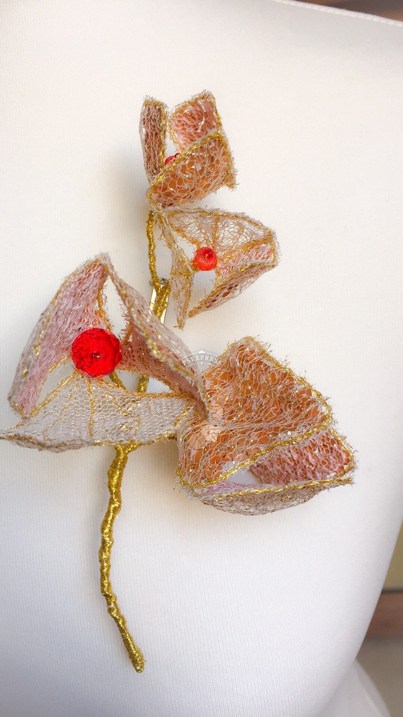 Golden flower brooch Handembroidery brooch Flower pin for jacket Brooch for auntie birthday Pin for scarf Present for nanny