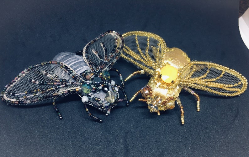 Flys embroidery brooches Insect brooch Goldwork handembroidery brooch Brooches for sister Couple brooches Christmas sisters present