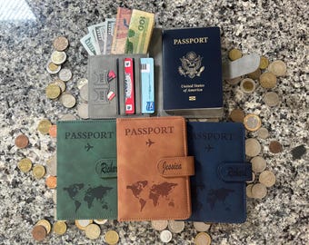 Funda de pasaporte de cuero personalizada y etiqueta de equipaje, funda de pasaporte RFID personalizada, regalo de viaje para parejas, regalo de luna de miel o boda grabado.