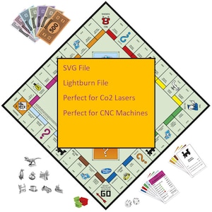以下が含まれることがあります： 緑と黄色のモノポリーゲームボード。黄色の正方形には「SVG File, Lightburn File, Perfect for Co2 Lasers, Perfect for CNC Machines」と書かれています。