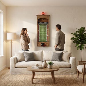 May include: A wall-mounted wooden display case featuring a miniature American football field inside, topped with a red emergency light. The case includes a small black football helmet resting on a shelf at the bottom, designed for sports memorabilia.