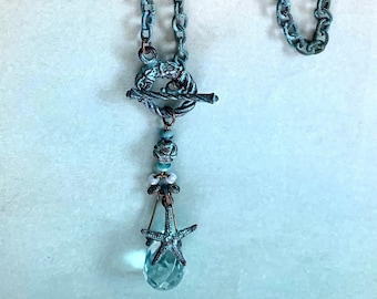 Crystal pendant Verdigris chain 18" necklace/verdigris toggle clasp & focal beads, Czech glass beads-BoHo Chic Seashore necklace