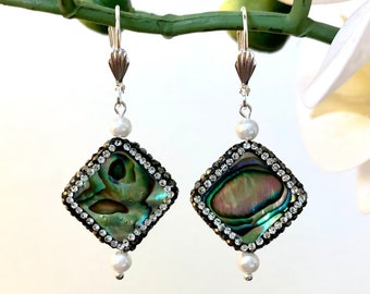 Rhinestone pave' abalone shell/white freshwater pearl dangle drop earrings-BohoChic handmade beachy jewelry-silver lever back wires
