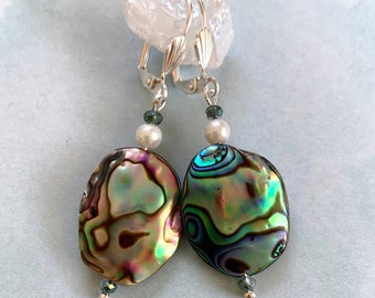 Puffy abalone shell/white pearl dangle drop earrings-BohoChic handmade beachy jewelry-silver lever back wires