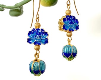 Blue Cloisonne' enamel flower bead w/lotus drop & gold stardust beads on gold French ear wires