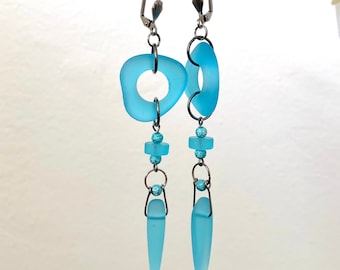 Turquoise sea glass BohoChic architectural long dangle drop 3 tier earrings/sea glass rings, beads, daggers/stainless lever backs