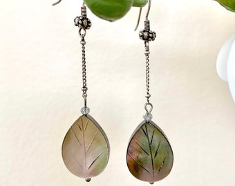 Grey MOP carved leaf dangle drop earrings, antique silver satellite chain & ear wires-BohoChic handmade jewelry