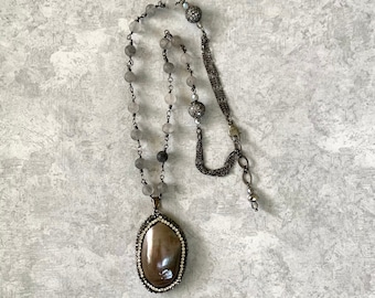 Pave' natural grey pearl shell pendant necklace w/frosted silver quartz beaded chain, pave' beads, adjustable 19-20" length