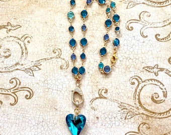 Turquoise Crystal Heart Necklace: Gold Chain & Blue Crystals