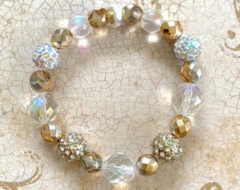 Dressy, romantic bracelet w/AB rhinestone studded gold metal & resin beads, Czech glass beads-stretch elastic bracelet