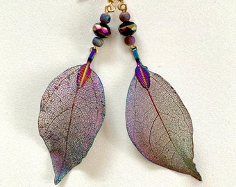 Rainbow Titanium coated real leaf BohoChic dramatic dangle drop earrings/iridescent Czech glass beads/handmade jewelry/gold pierced earwires