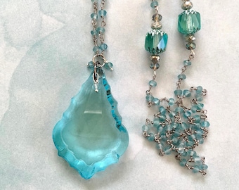 Turquoise Antique French chandelier crystal teardrop pendant apatite gemstone beaded silver chain 32" necklace/Czech glass beads-bridal/MOB