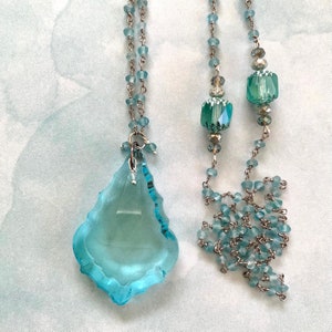 OOAK jewelry Stained Glass jewelry Long rosary chain Romantic necklace Vintage jewelry Soldered crystal prism pendant