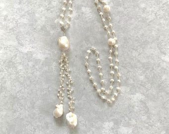 LG Baroque pearl accented white freshwater pearl chain, silver filigree bail/Boho Chic wedding necklace w/2 dangling pearl chain drops