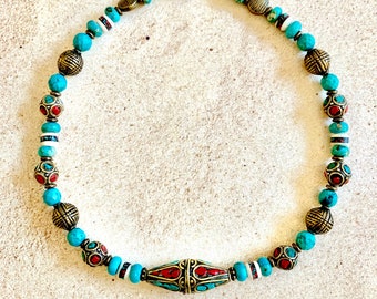 Hand made BohoChic exotic choker necklace w/turqoise & coral inlaid Tibetan beads, faceted turquoise, inlaid bone, jasper + ant.brass beads