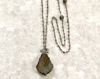 Smokey Antique French chandelier crystal teardrop pendant BohoChic 30.5" necklace/labradorite gemstone bead gunmetal chain/Czech bead accent