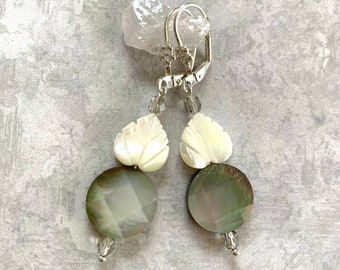 Grey lip shell/white MOP carved leaf dangle drop earrings-silver flower lever back wires-BohoChic handmade jewelry