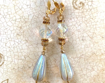 Romantic AB gold glass drop earrings-Czech glass beads/rhinestones-Boho chic,dressy hand made jewelry/gold plated shell lever back ear wires