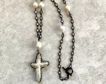 Pave' freshwater pearl cross pendant on black/crystal cubic zirconia set chain w/pearls/BohoChic glam dressy evening 19.25" necklace