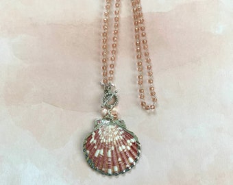 Silver & rose scallop shell pendant 19.25" necklace on rose faceted crystal bead chain w/pearl + crystal dangles, front silver toggle clasp