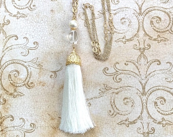 Boho glam long tassel necklace-etched metal cap ivory silk tassel, quartz crystal, Swarovski pearl, RS bead on multi strand matte gold chain