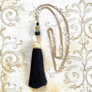 Matte Gold Chain Necklace: Black Silk Tassel, Venetian Glass Bead