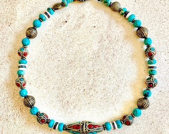 Boho Beaded Choker: Turquoise, Jasper, and Antique Brass