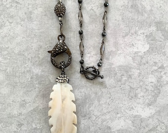 Mother of Pearl Feather Necklace: Gunmetal Hematite Beaded Pendant