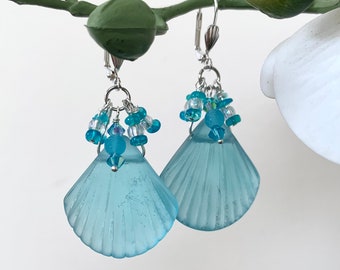 Turquoise sea glass shell/Paraiba blue Ethiopian Weho opals, Swarovski crystal Boho Chic beach earrings/silver shell lever back ear wires