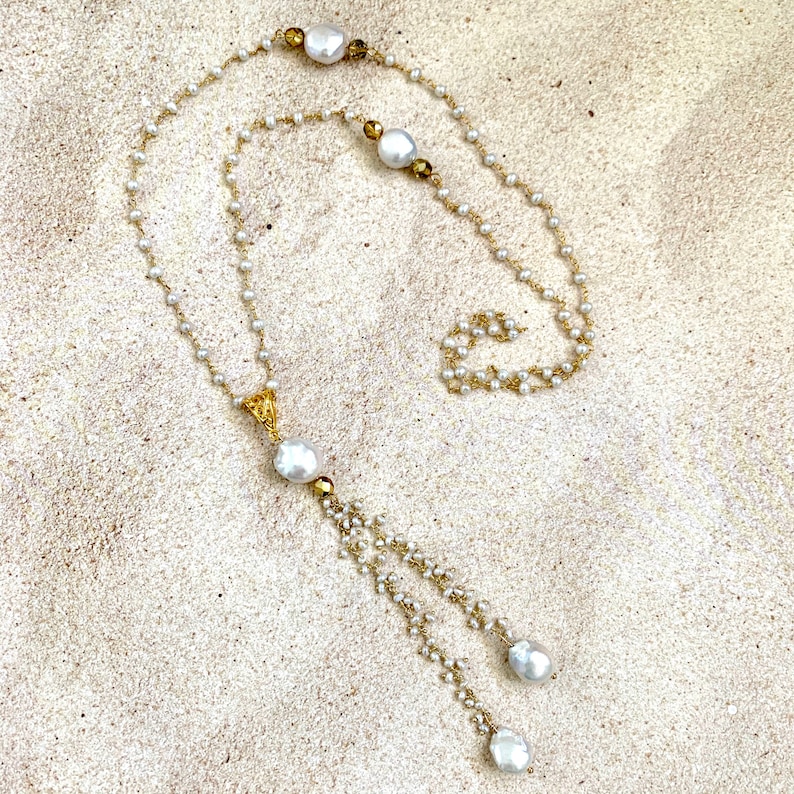 gold beads /& filigree bail Boho Chic romantic wedding Y necklace 24 Karat Gold tiny white freshwater pearl chain wbaroque pearl accents